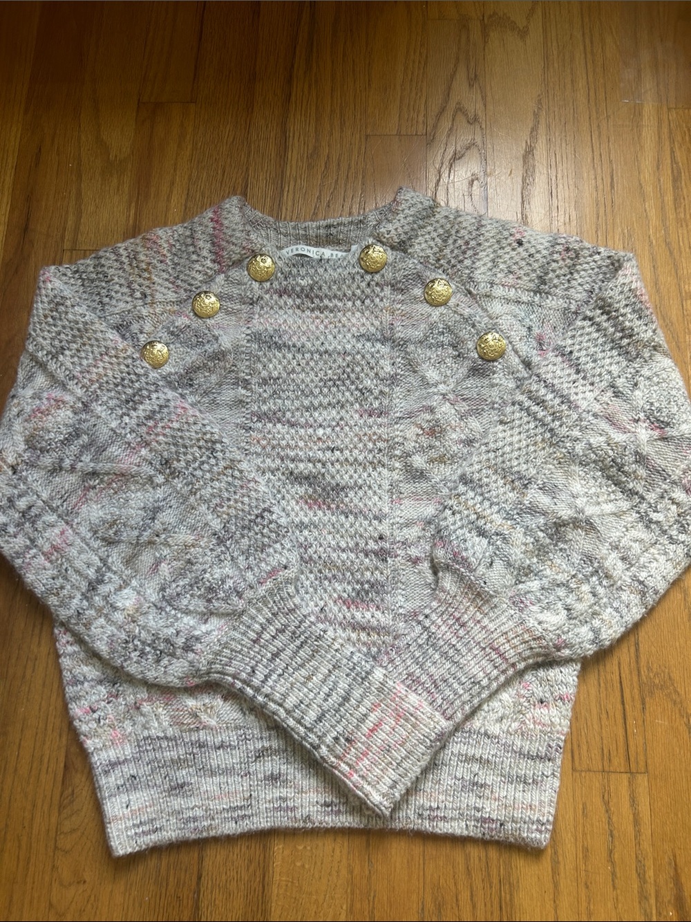 Veronica Beard Cream Marled Cable Knit Sweater with Gold Buttons